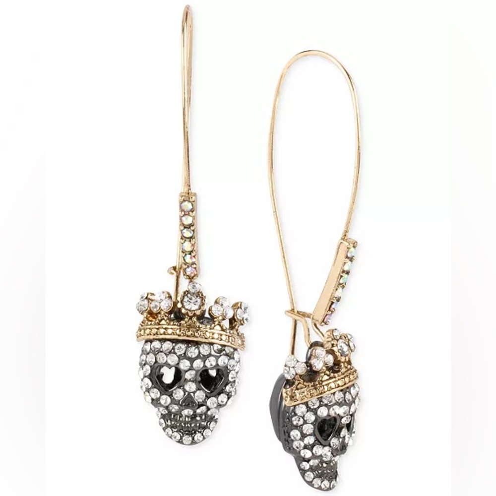 Betsey Johnson Two-Tone Pavé Skull Long Drop Earrings - Picture 3 of 4